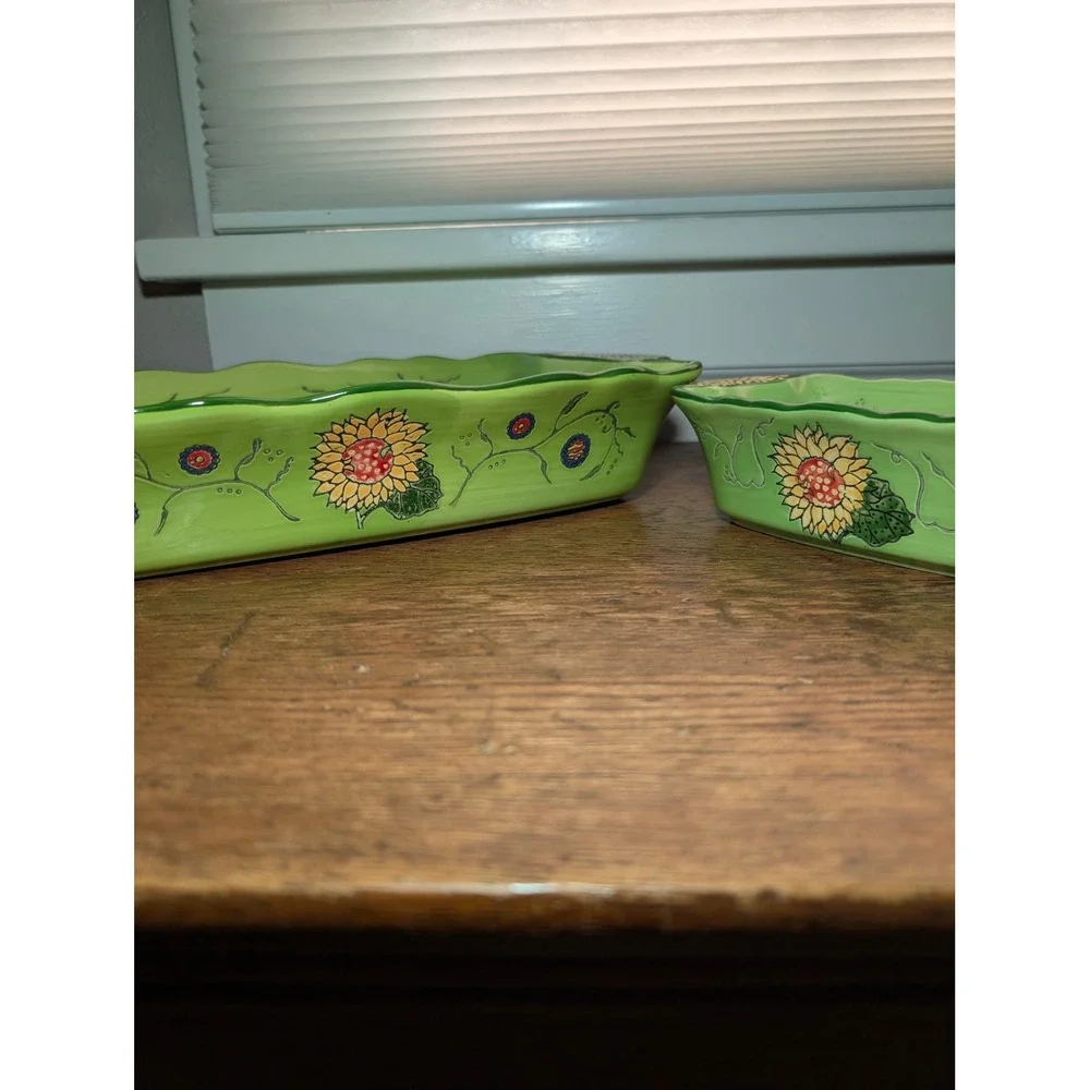Blue Jean Chef Sunflower Ceramic Baker Set 2pc Green Floral Lasagna Casserole